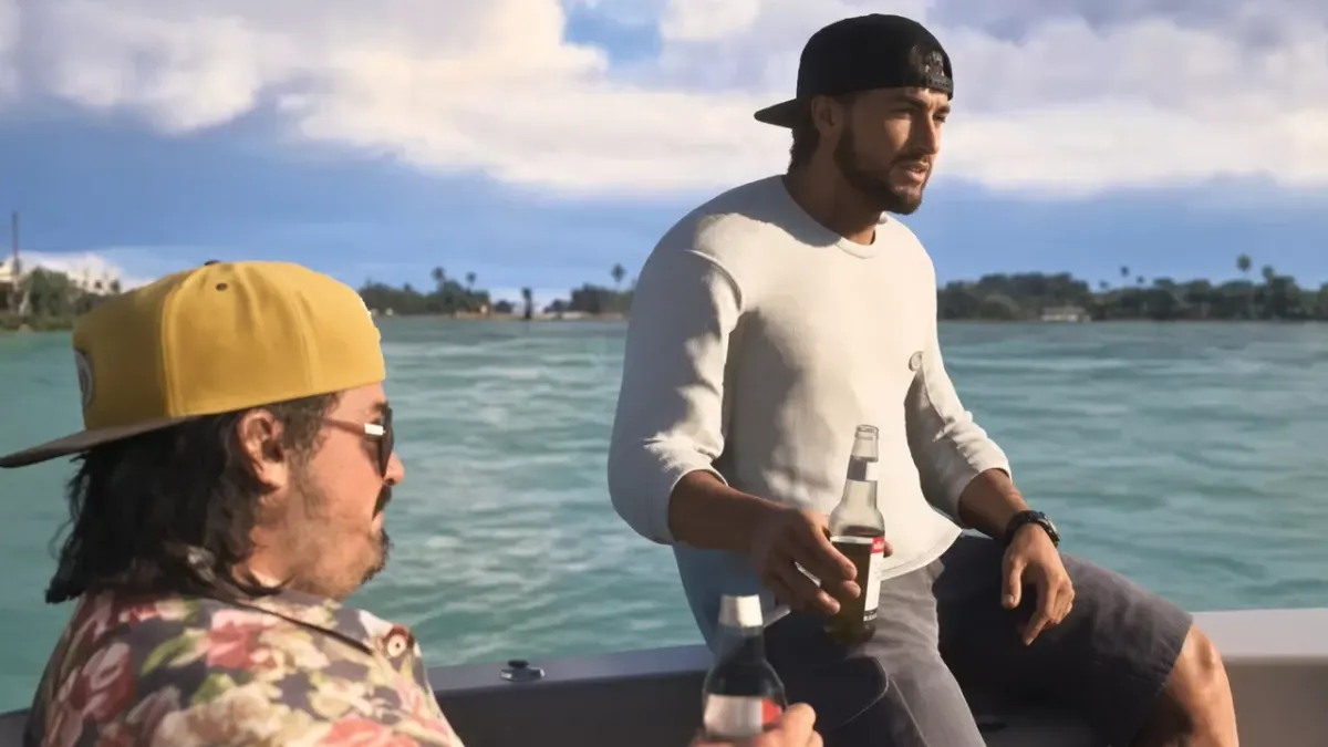 Dois personagens conversando em um barco parado, com cerveja na mão e o mar ao fundo.