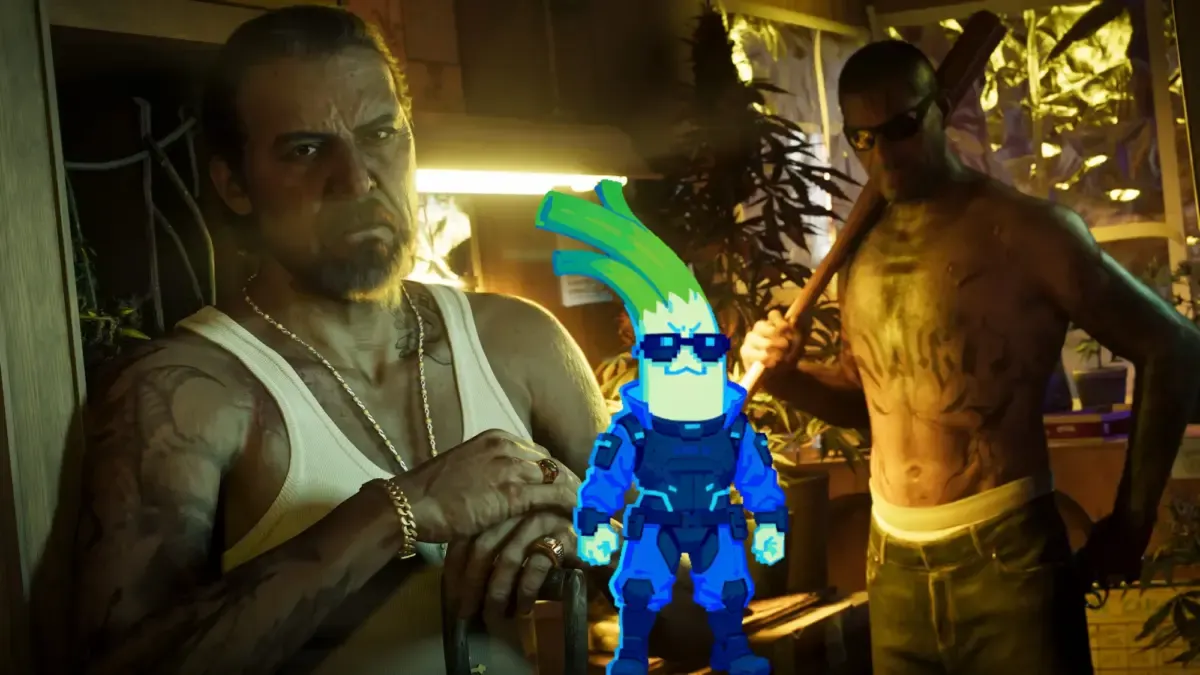 Cena de interior com dois personagens do jogo e o mascote do CYBERLEEK sobreposto no centro.