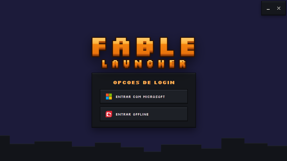 Tela de opções de login do Fable Launcher com os botões Entrar com Microsoft e Entrar Offline.