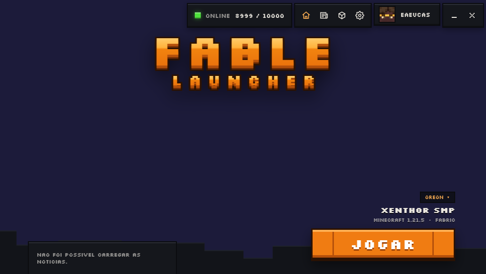 Tela principal do Fable Launcher: botão Jogar, status do servidor e card de notícias.