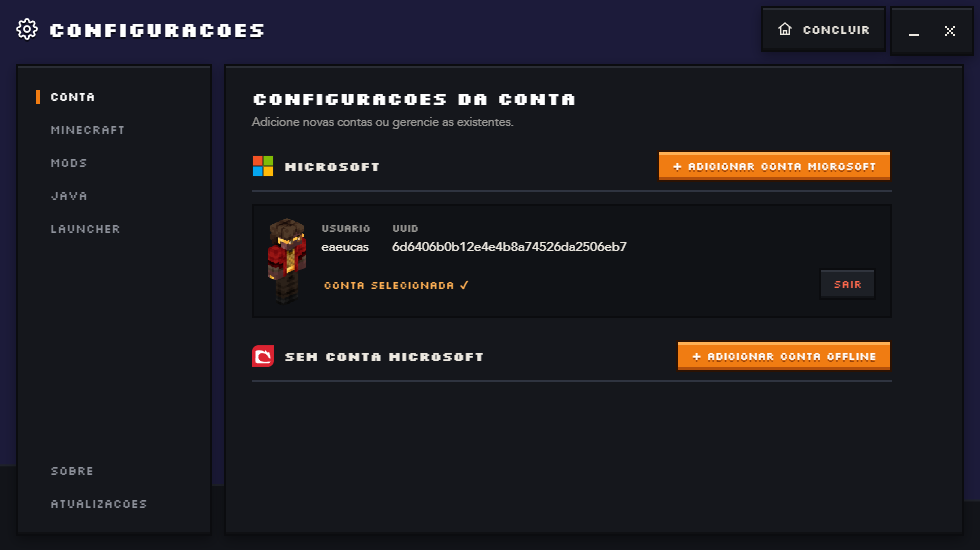 Configurações de conta do Fable Launcher com a conta Microsoft selecionada, a opção de conta offline e as abas Minecraft, Mods, Java e Launcher.