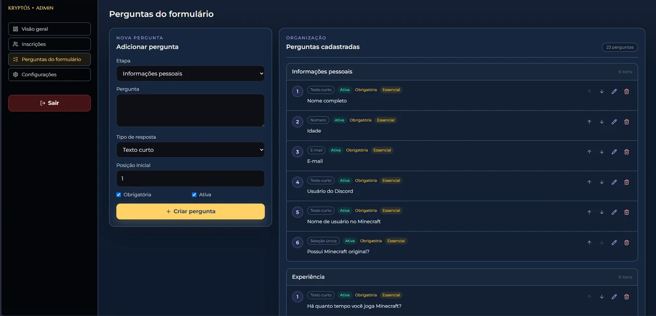 Editor de perguntas do formulário do Kryptós, com a lista de perguntas cadastradas por etapa.