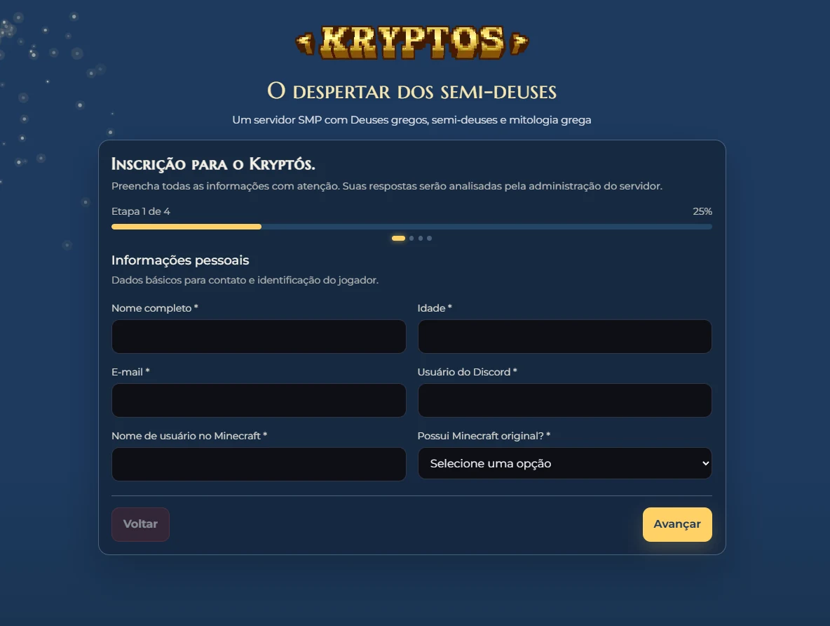 Primeira etapa do formulário de inscrição do Kryptós, com barra de progresso e campos de informações pessoais.
