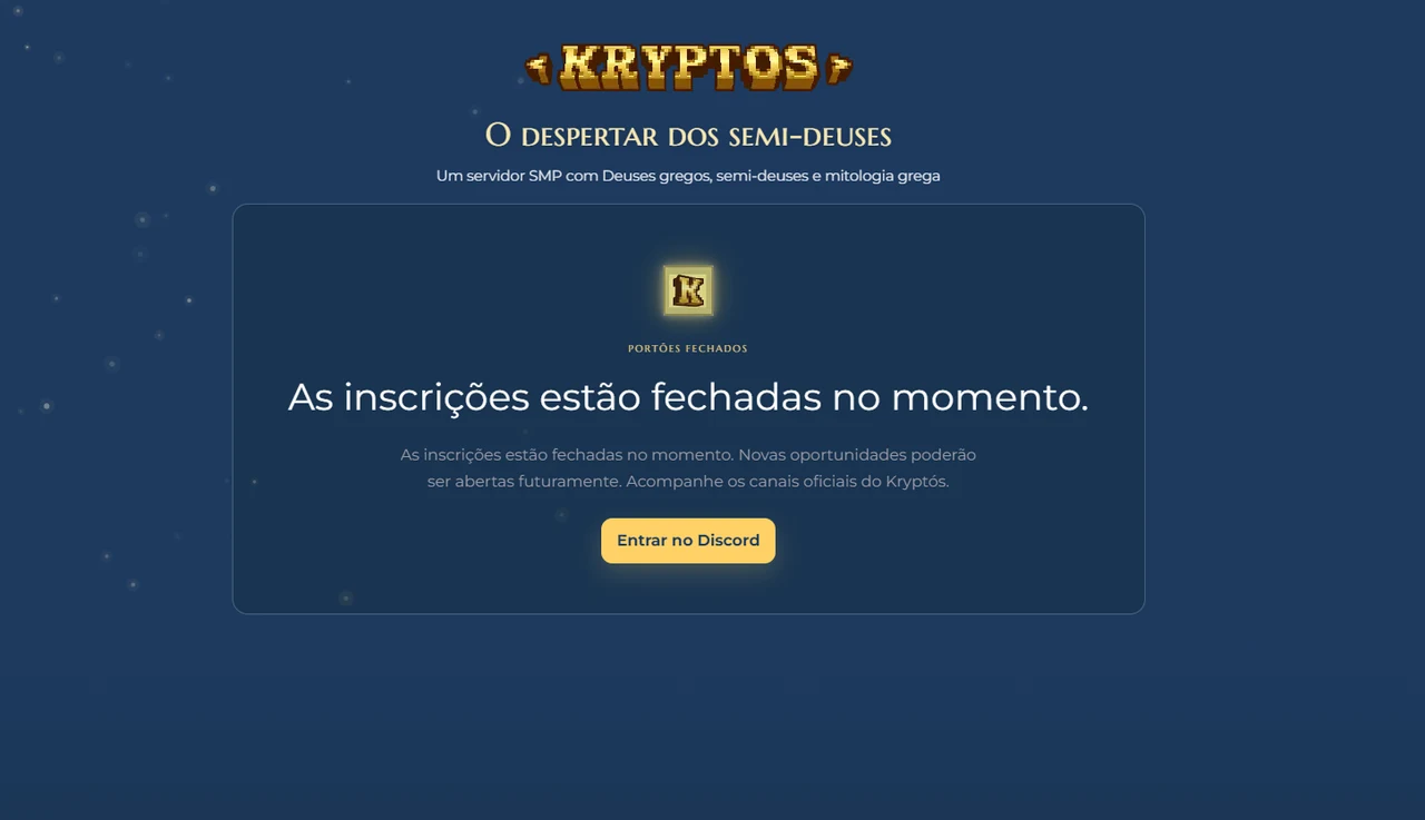Página inicial do Kryptós SMP com o aviso de que as inscrições estão fechadas e um botão para o Discord.