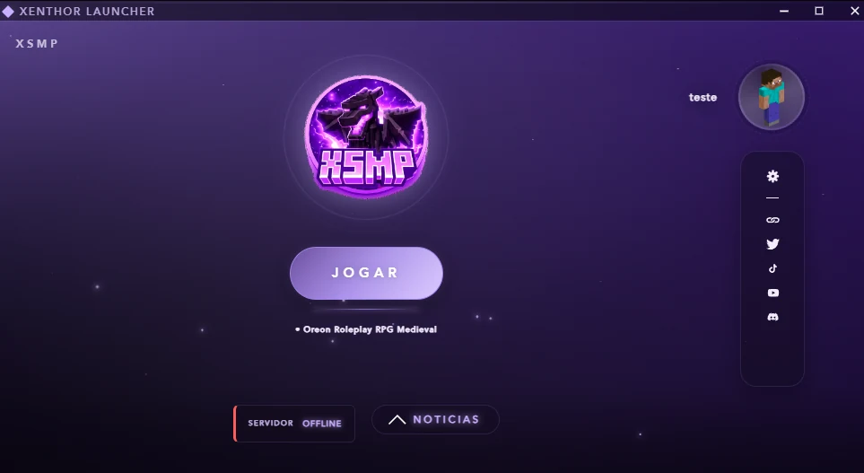 Tela principal do Xenthor Launcher: botão Jogar, status do servidor e painel de notícias.